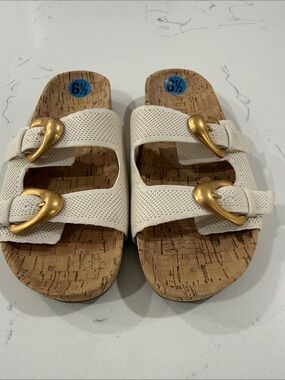 AEROSOLES White Double-Strap Sandals with Gold Buckles